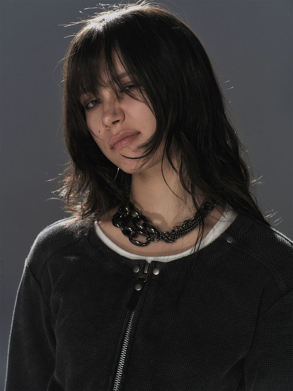 WearAndtear Loose Rivet Crew Neck Sweater Jacket