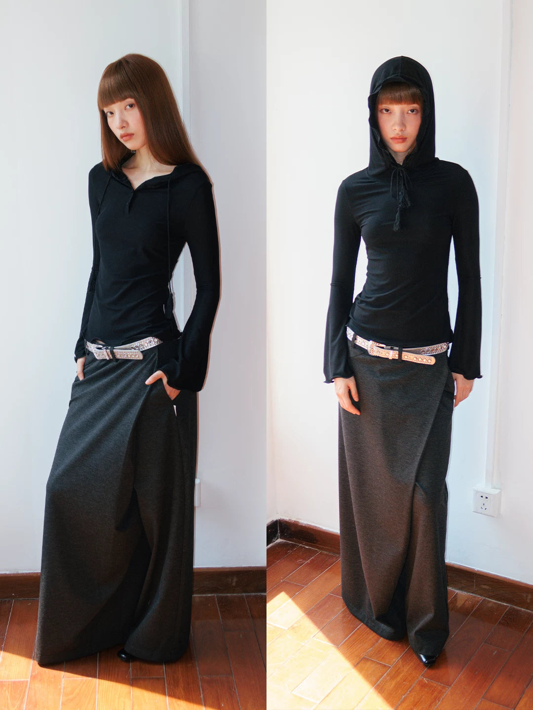 FUNKYFUN Stretch Horn Sleeve Hooded Thin Sweater