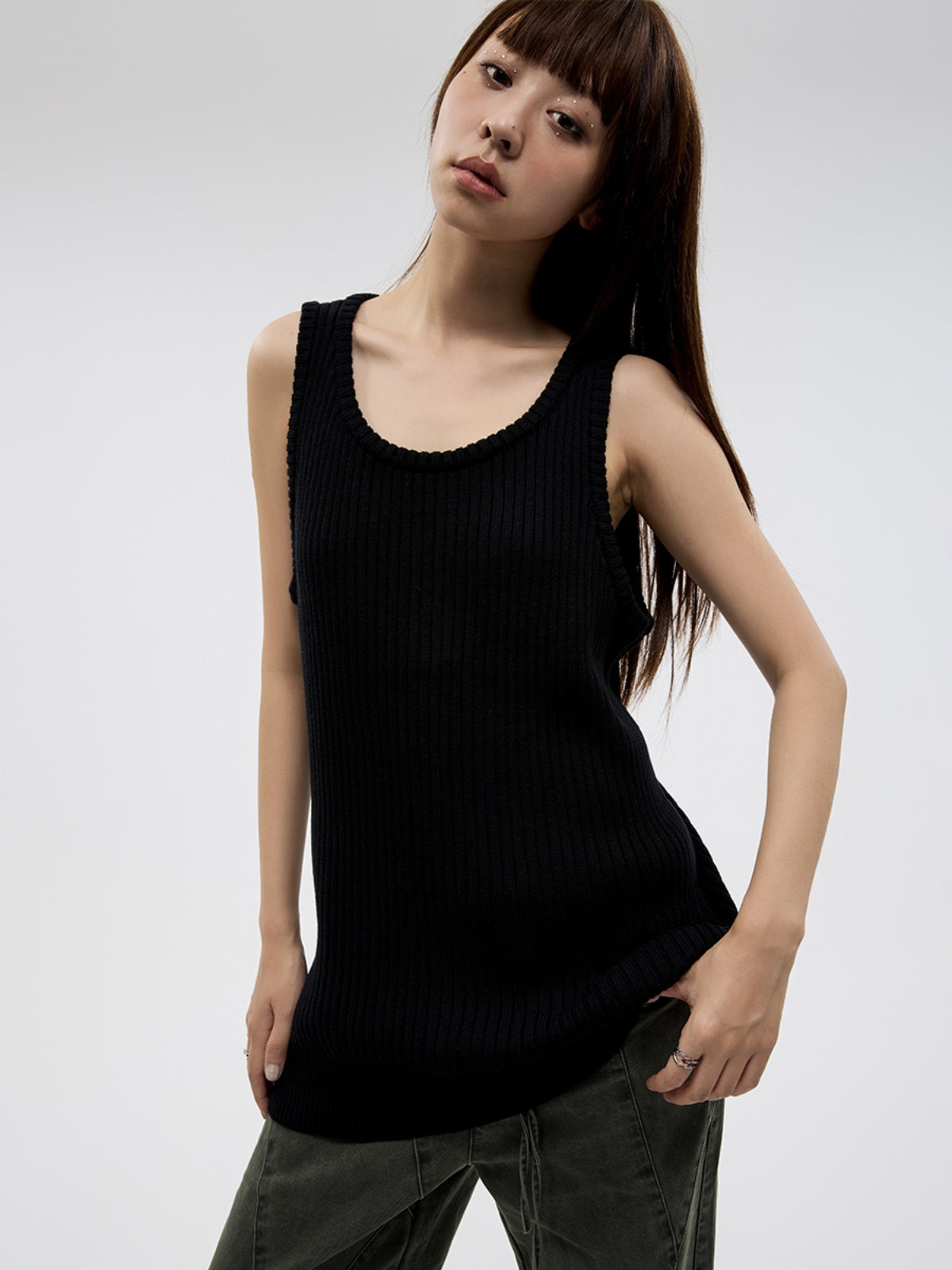 FUNKYFUN Knitted Pit Strip U-neck Sleeveless Vest