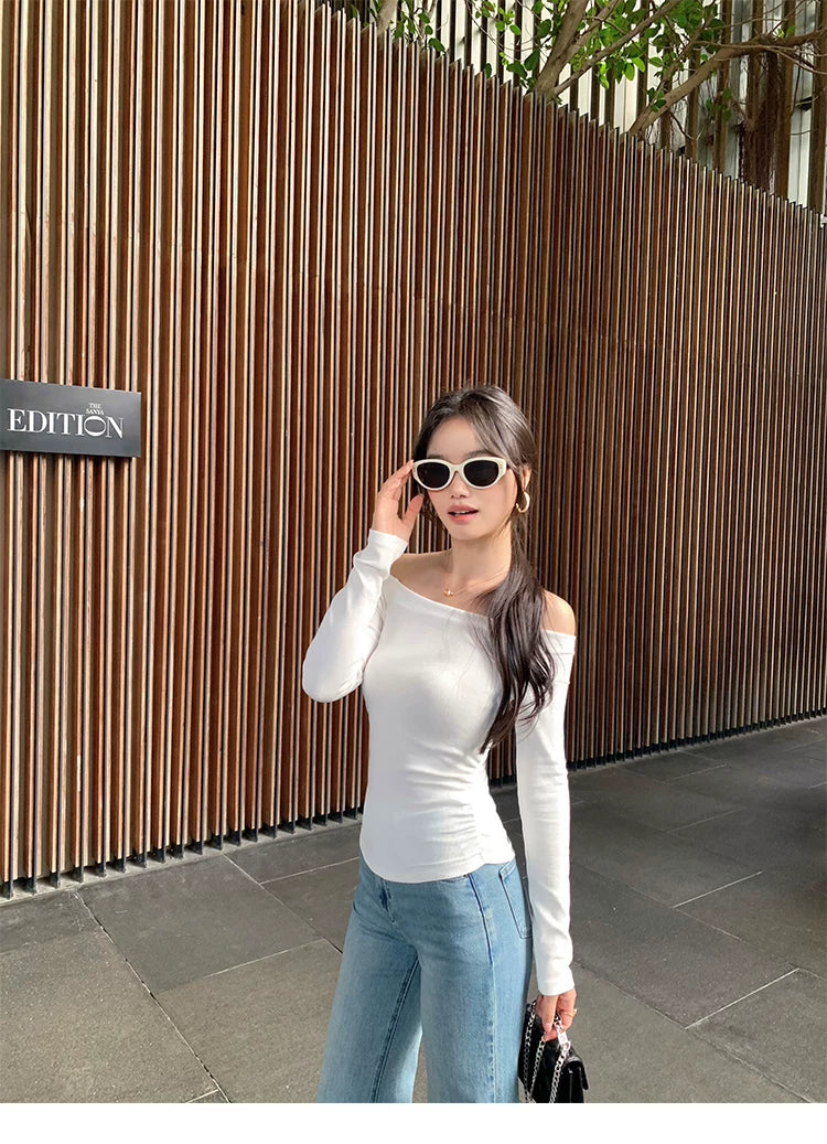 Pusumede Temperament Word Shoulder Slim Pleated Long Sleeves