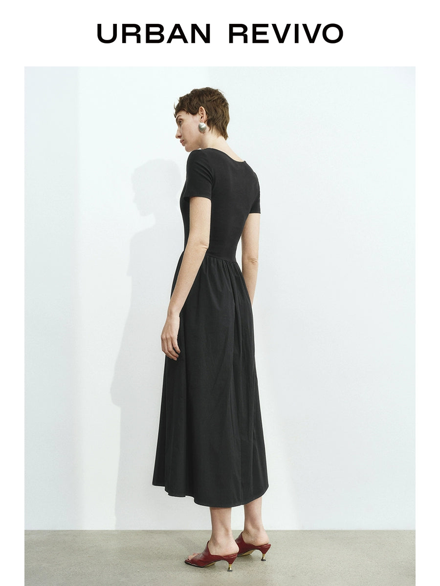 URBAN REVIVO Simple Stitching Slim-fitting Short-sleeved Dress