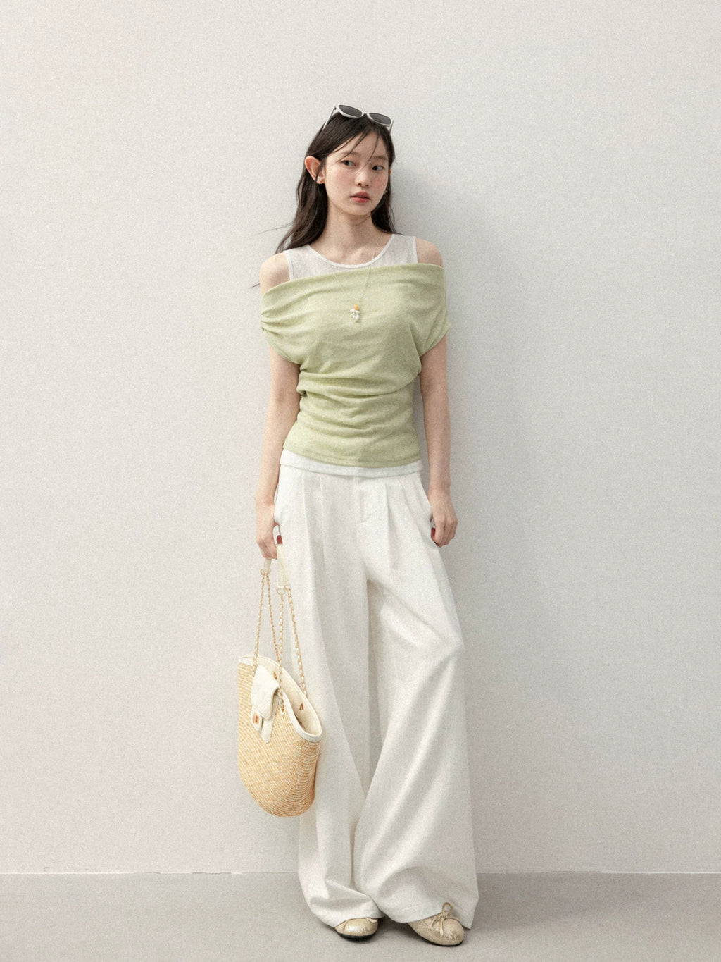 Cantonstory One-word Shoulder Sling Vest Two-piece Set