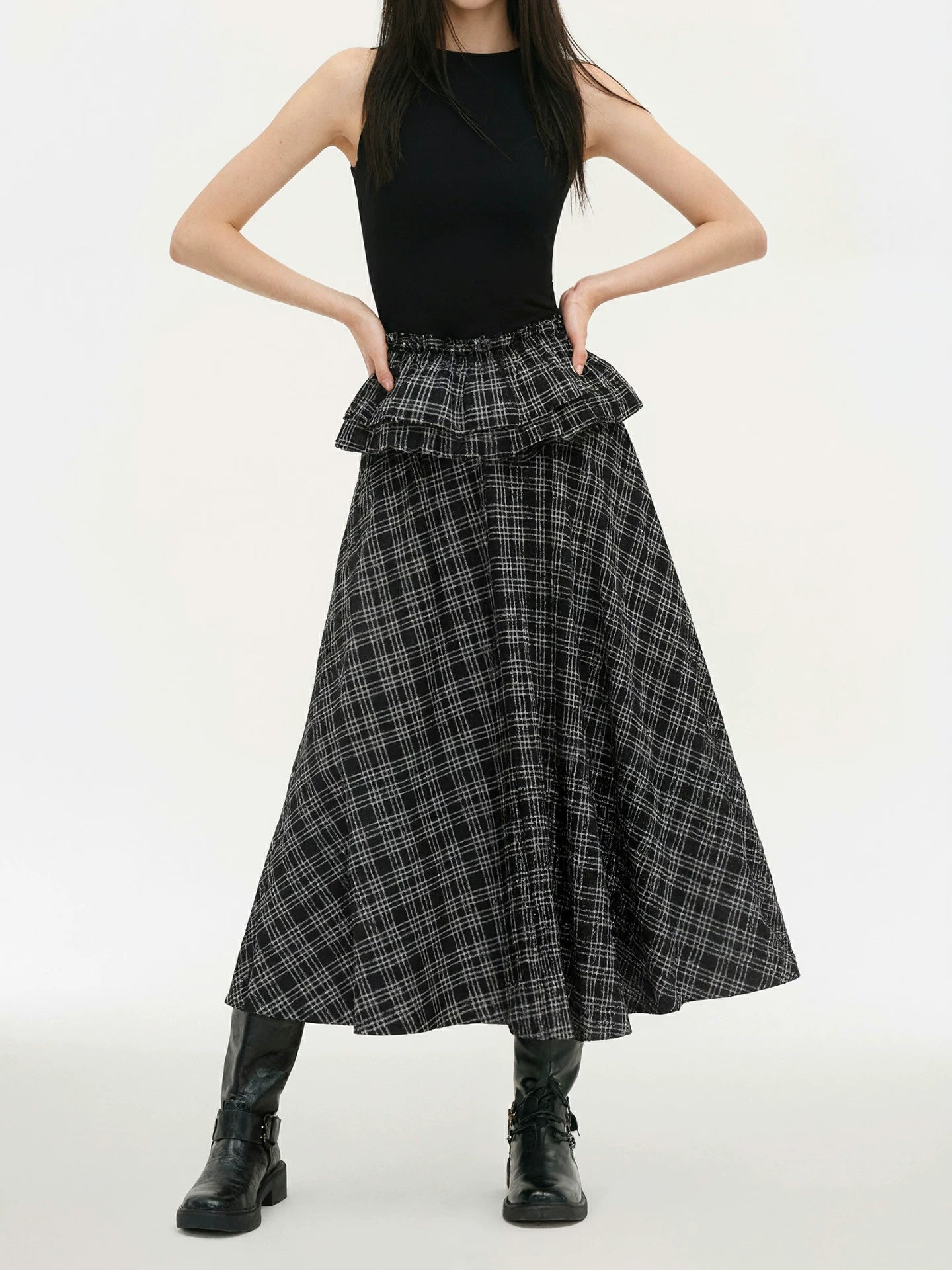 FUNOFF Plaid Stitching Simple Off-the-shoulder Slim-fitting Waist Dress