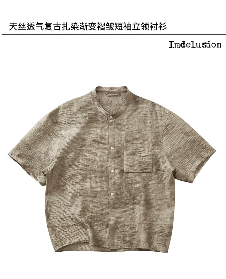 Imdelusion Tencel Retro Printing Tie-dye Gradual Change Pleated Stand-up Collar Shirt
