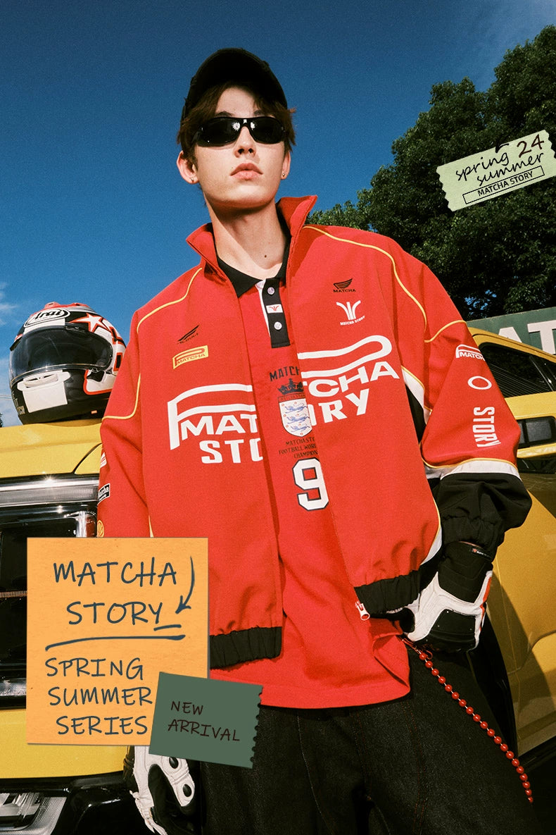 MATCHA STORY Contrasting Stitched Stand-up Collar Jacket