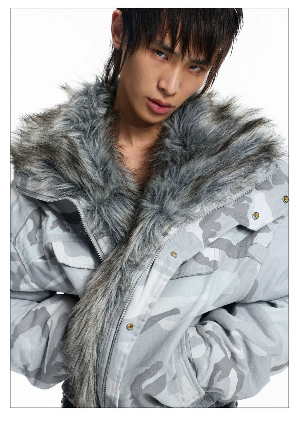 Lightinus Grey and White Camouflage Faux Wolf Hair Lapel Embroidered Padded Jacket