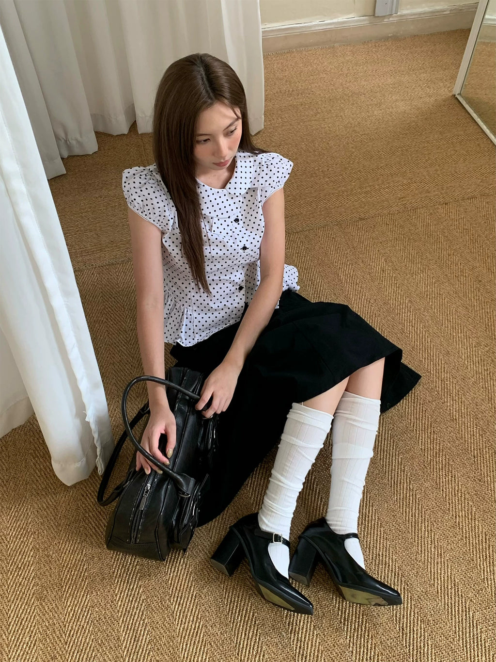 LOST FOREST Asymmetrical Lotus Leaf Polka Dot Shirt Tee