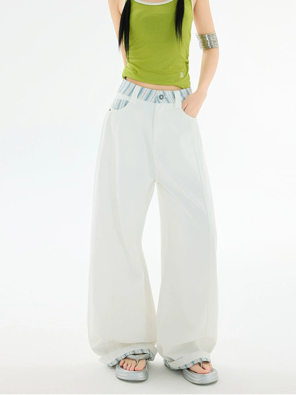 KPSR Splicing Checkered Scimitar Wide Leg Jeans