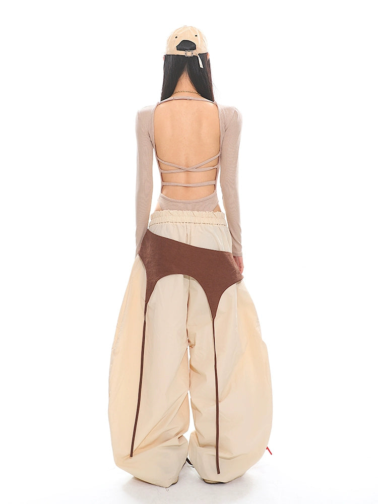 UNCMHISEX Loose Tooling Fake Two-Piece Charge Wide Leg Pants