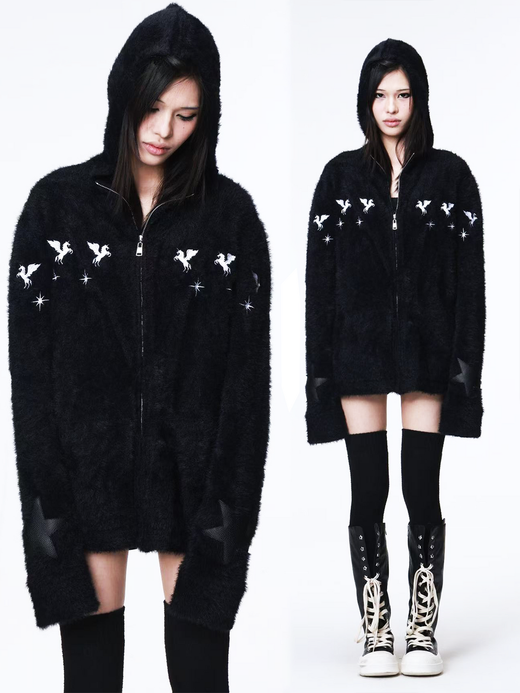 DETW Shoulder-down Zip Mohair Hooded Embroidered Jacket