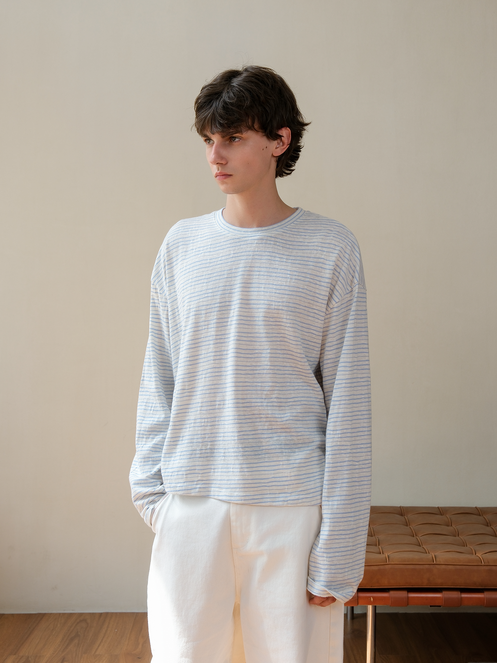 Set for Life Striped Lazy Casual Short Wide Crew Neck Long Sleeve