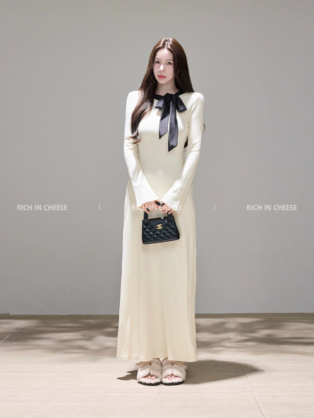 RICH IN CHEESE Bow Contrasting Splicing Long Knitted Dress
