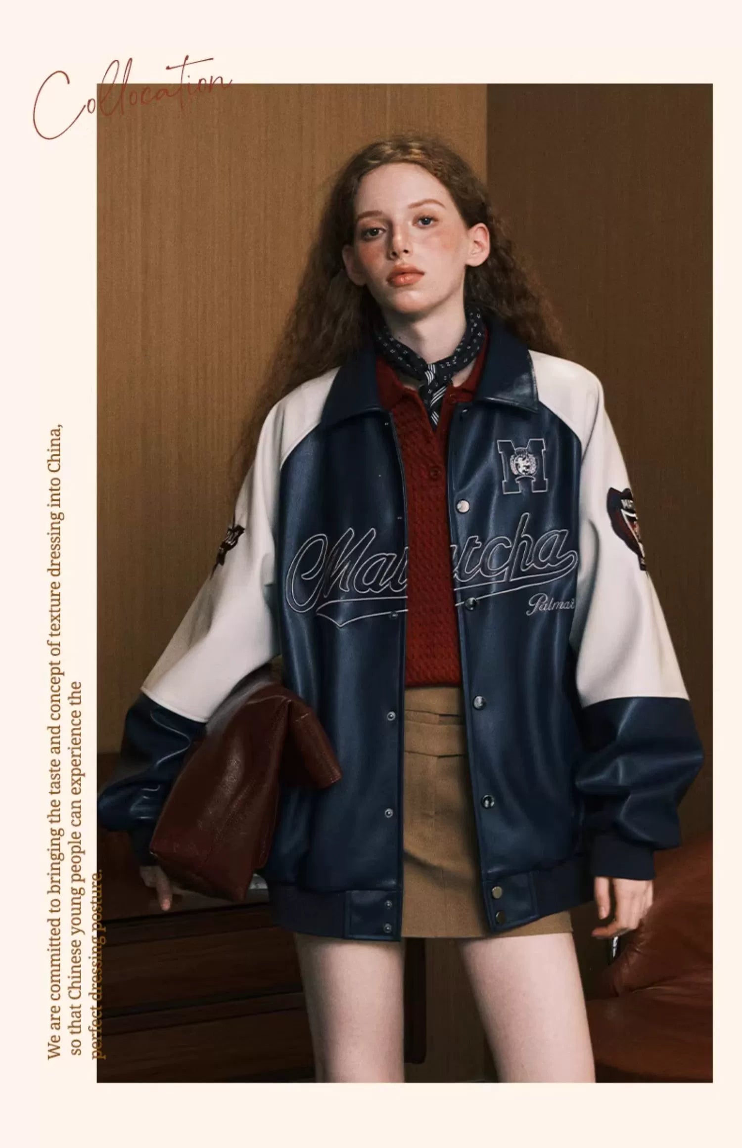 MATCHA STORY Contrast Color Splicing Retro Embroidered Lapel Leather Jacket