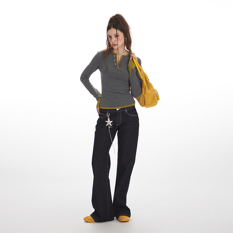 Nariele Fake Two Pieces Vintage Slim Skinny Long Sleeves