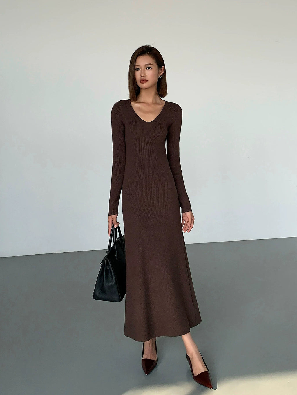 Ousph V Neck Temperament Knitted Waist Slim Dress