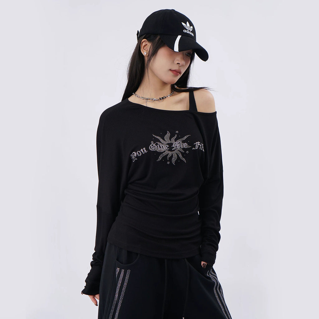 SAMUSAN Letter Hot Diamond Slash Shoulder Long Sleeve