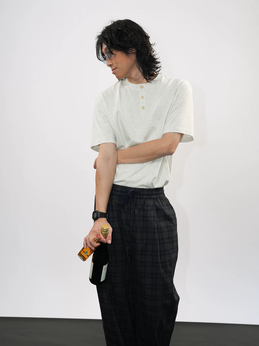 O3PARK Vintage Loose Henry Collar Knitted Tee