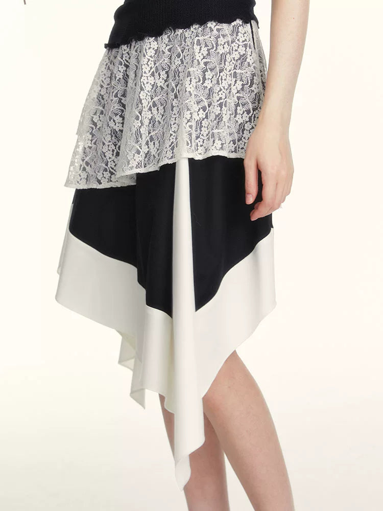 SUREENOUGH Vintage Lace Stitching Irregular Skirt