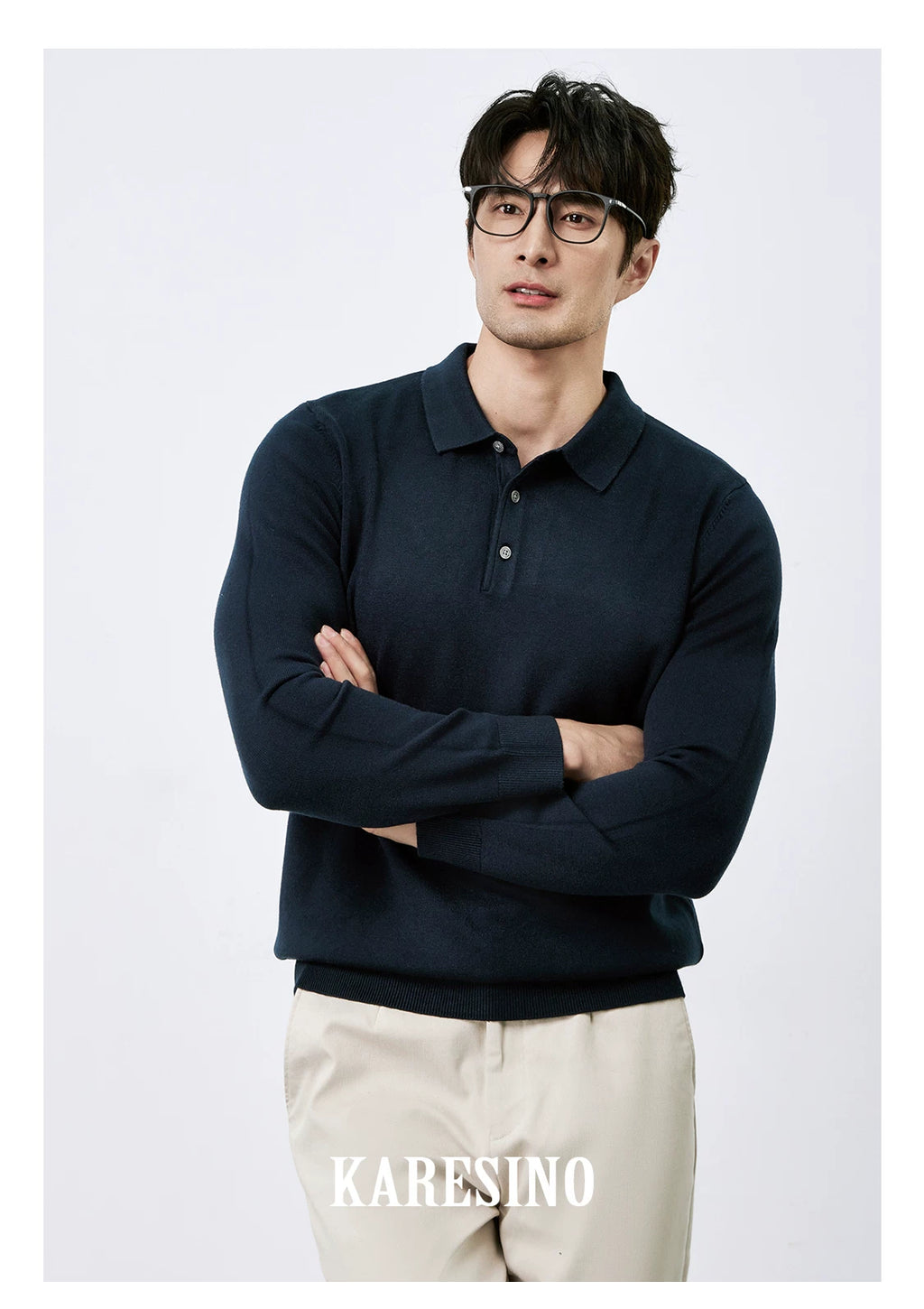 KARESINO Lyocell Wool, Lapel Polo Knitted Sweater