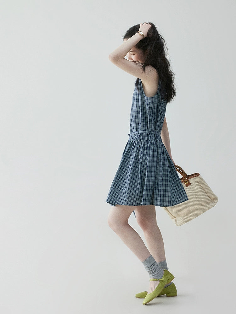 VOOE Retro Contrasting Plaid Waist Strap Dress