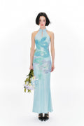 YEDM Blue Snake Print Neck Cheongsam Dress