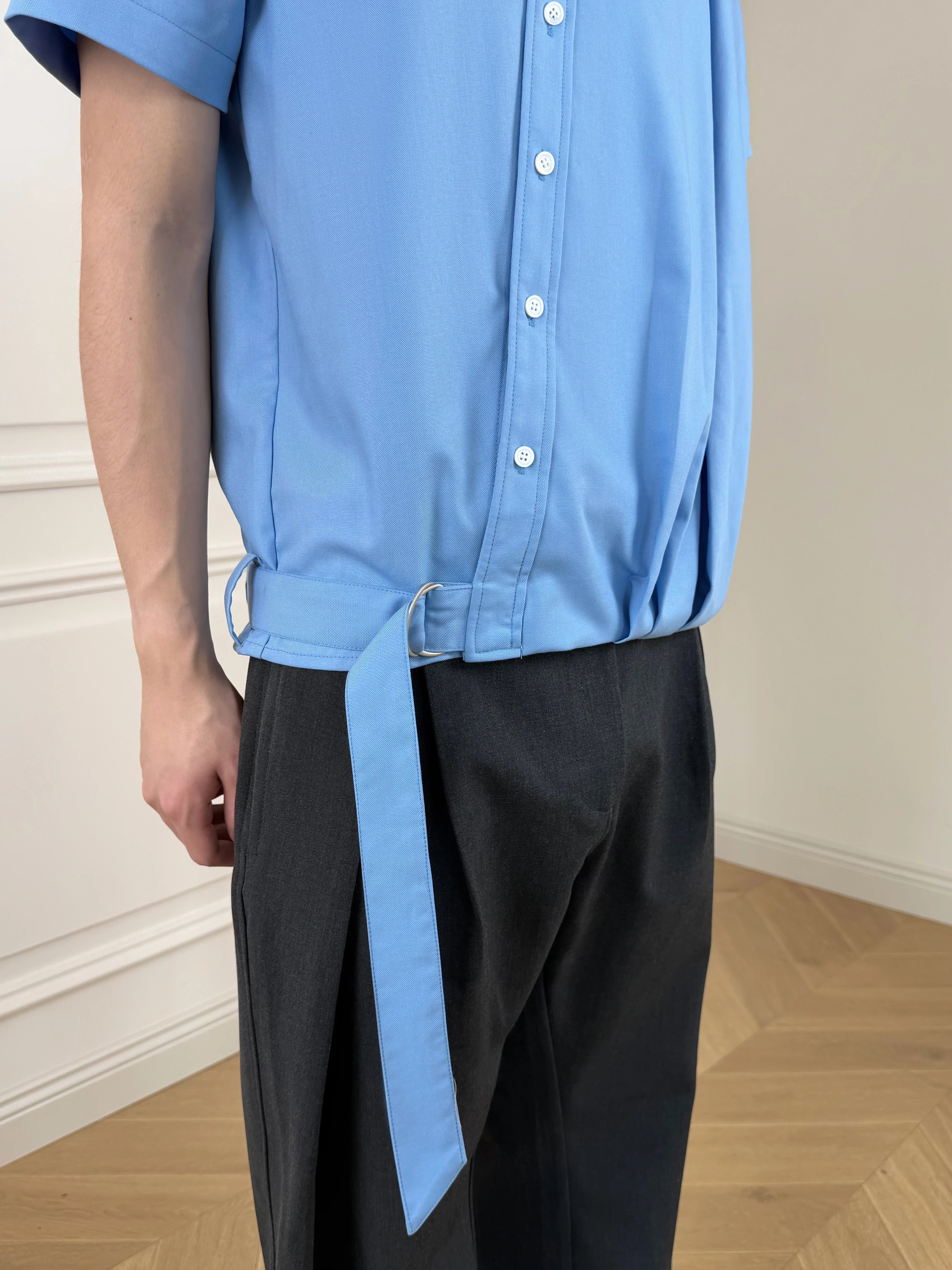 Stay The Night Pleated Strap-Up Short Sleeve Shirt