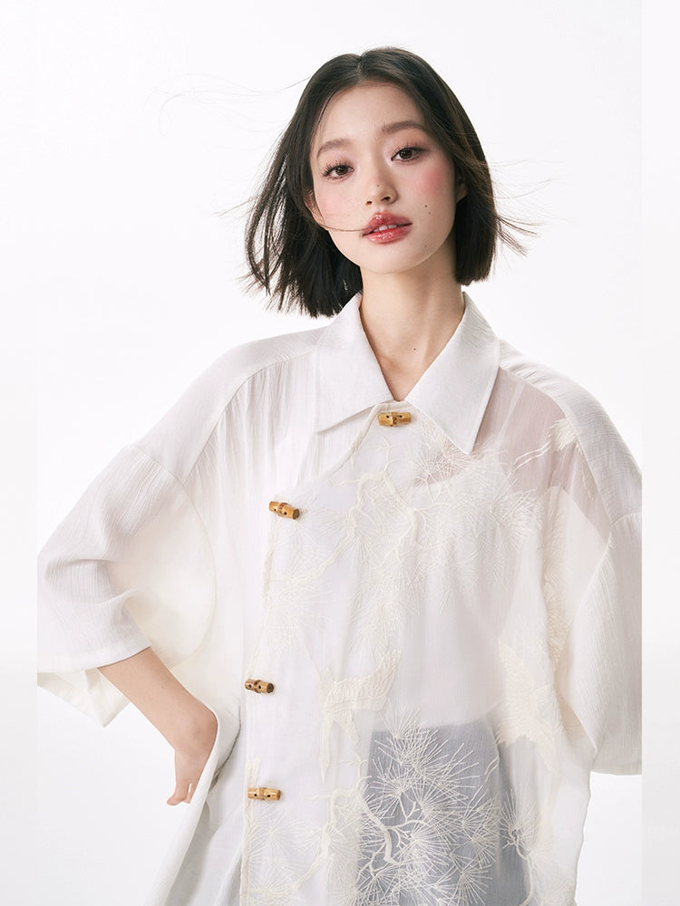 YEDM Crane Embroidered Spliced Bamboo Button Shirt