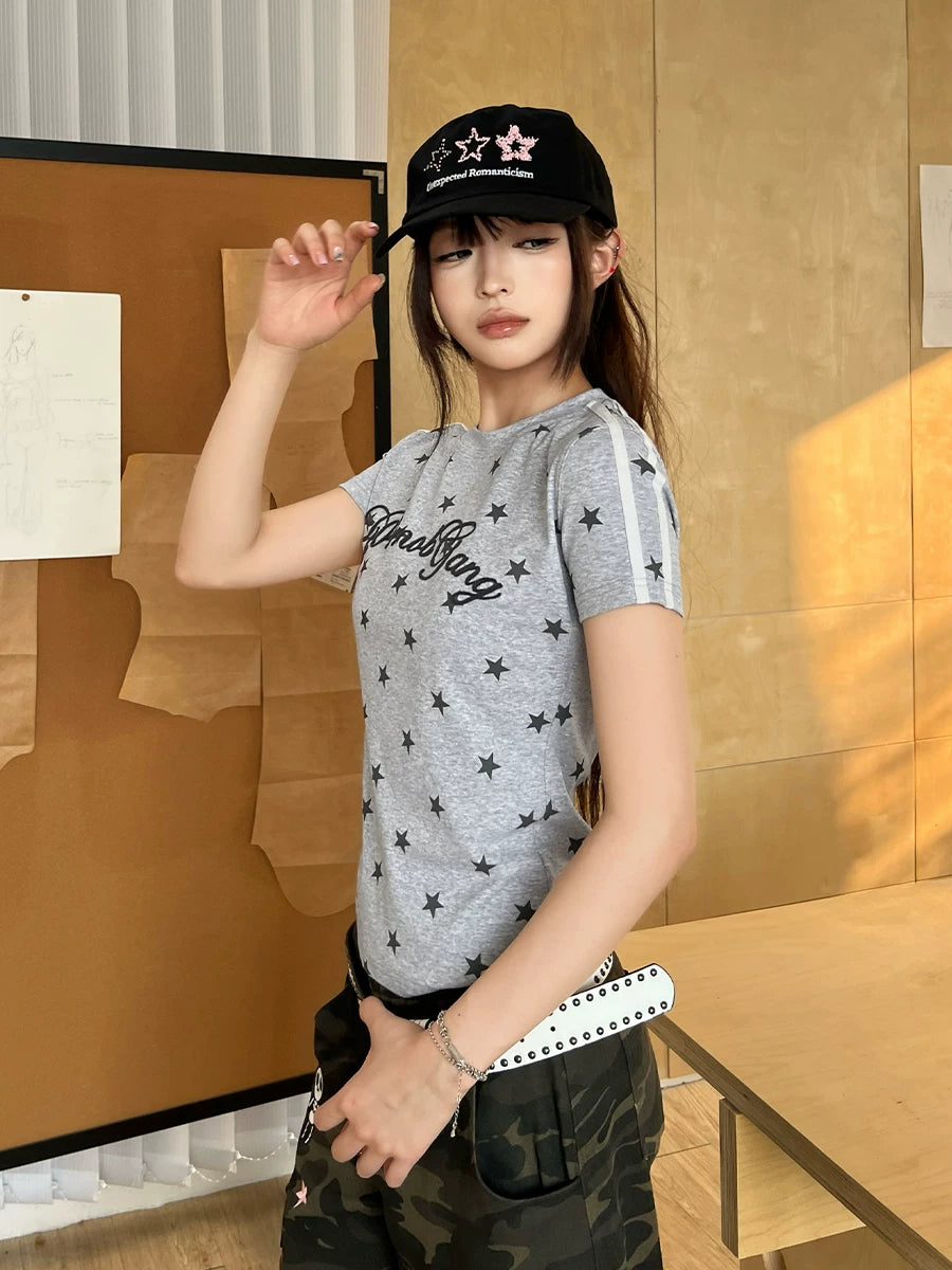 404MOB Chain Embroidery Full Print Striped Slim Tee