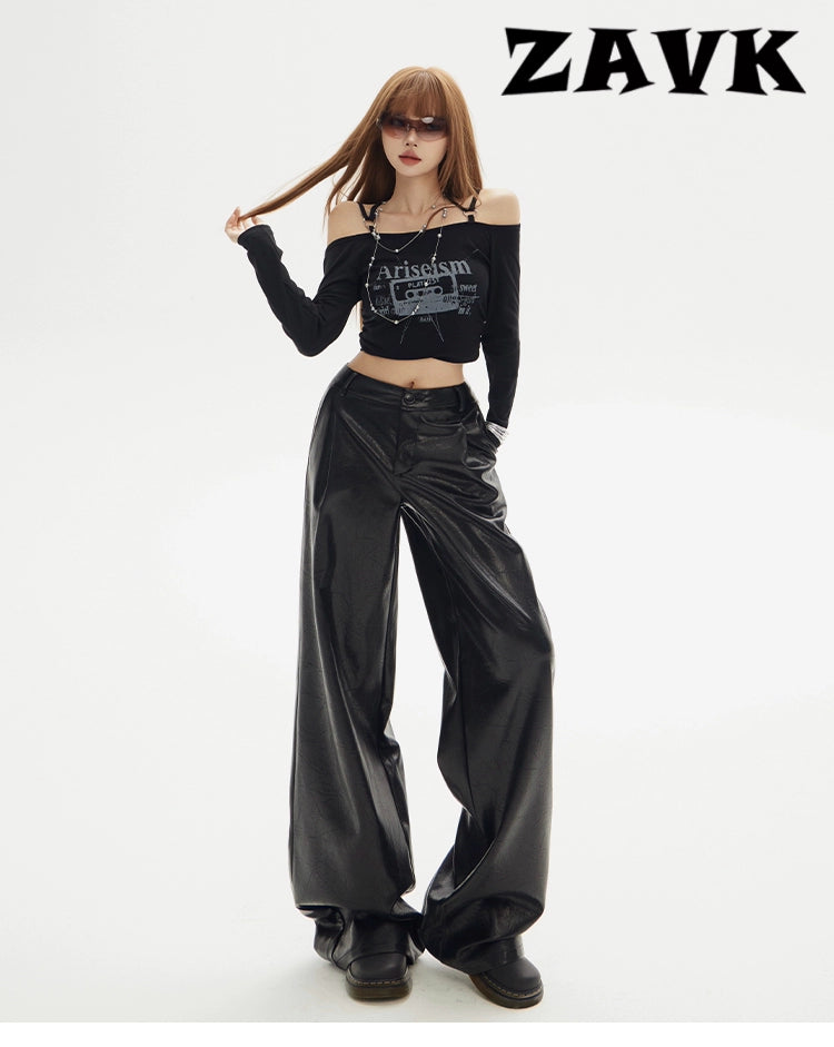 ZAVK High Waist Loose and Thin Straight Leather Pants
