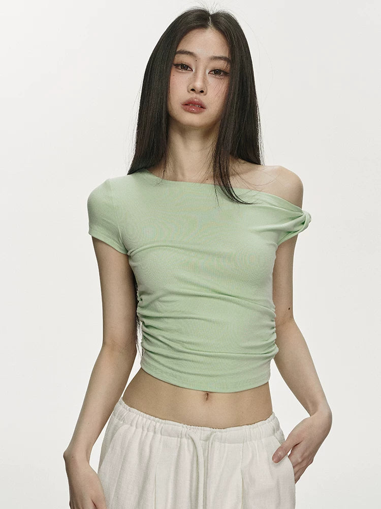 Anna Aneae Slanted Shoulder Slim Temperament Short Knit Tee
