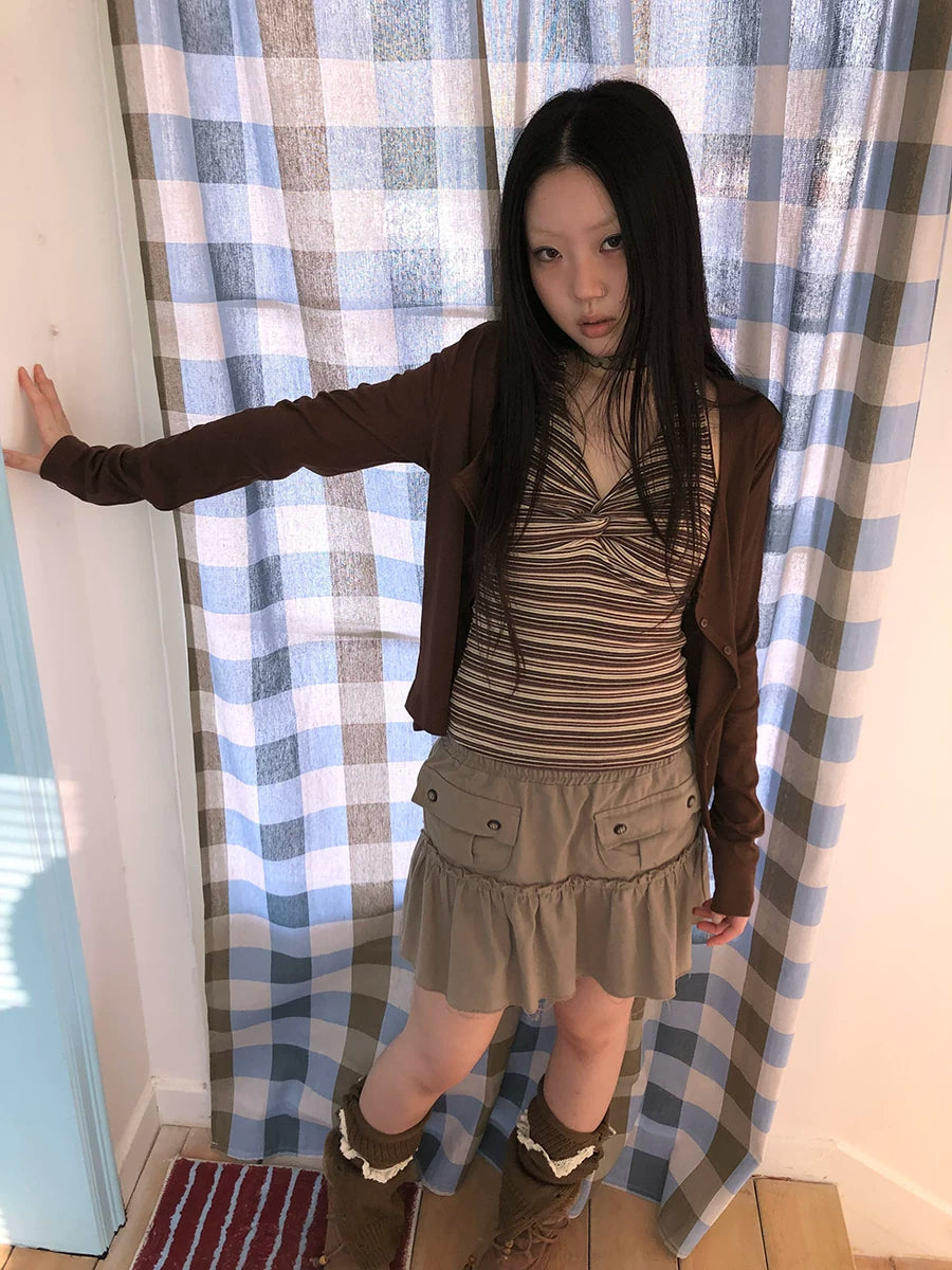 Ang: Project Striped Strap Neck Vest Long Sleeve Two-piece Set