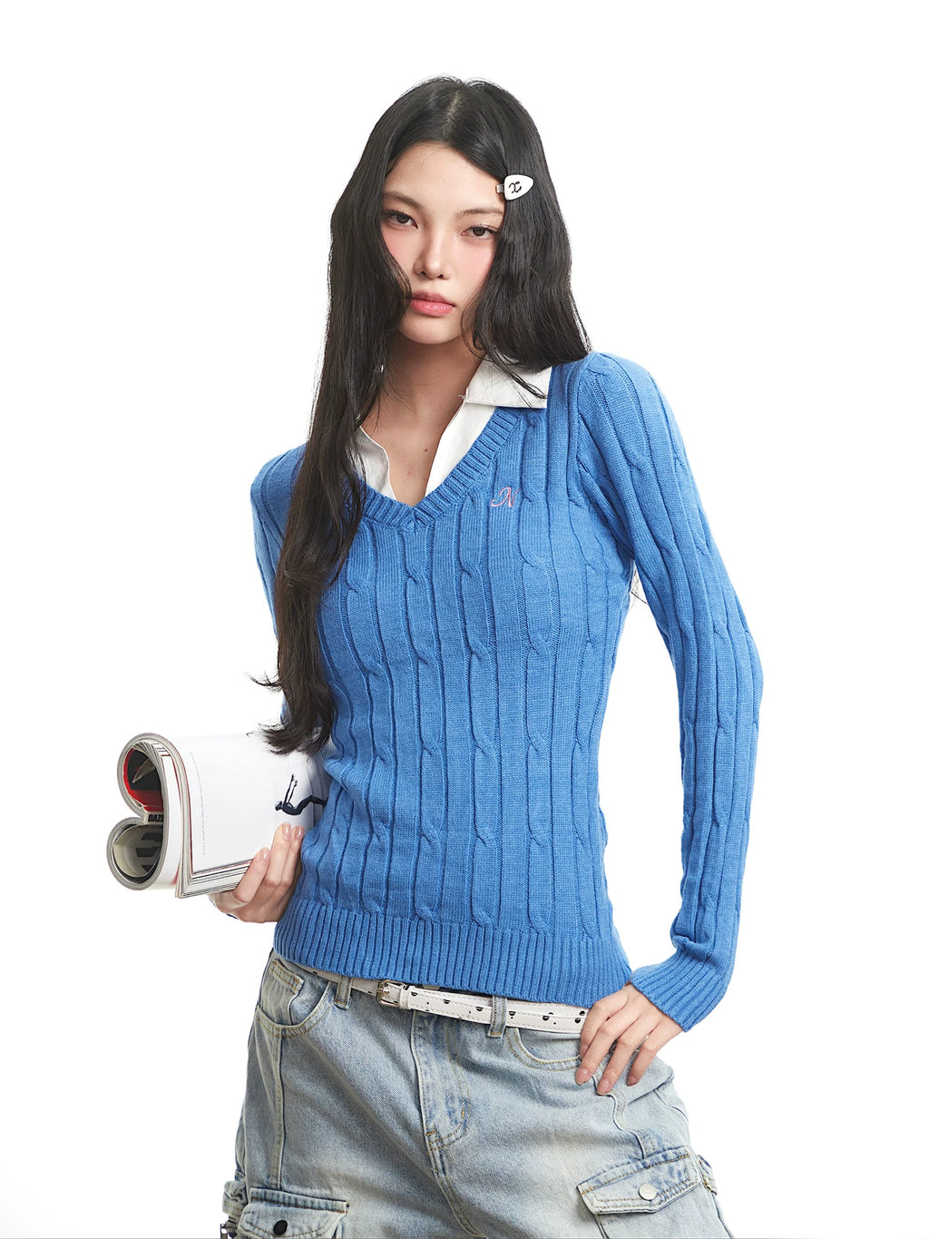 UNCMHISEX Fake Two-piece V-neck Slim-fitting and Thin Knitted Sweater