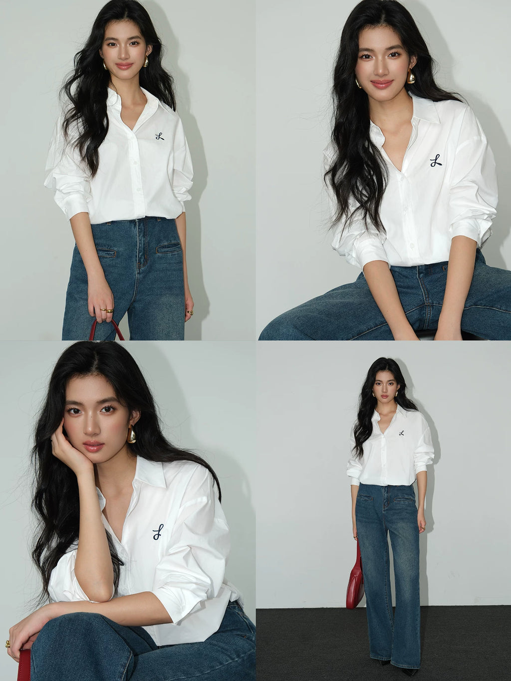 NEVA HU Embroidered Design Versatile Long-sleeved Shirt