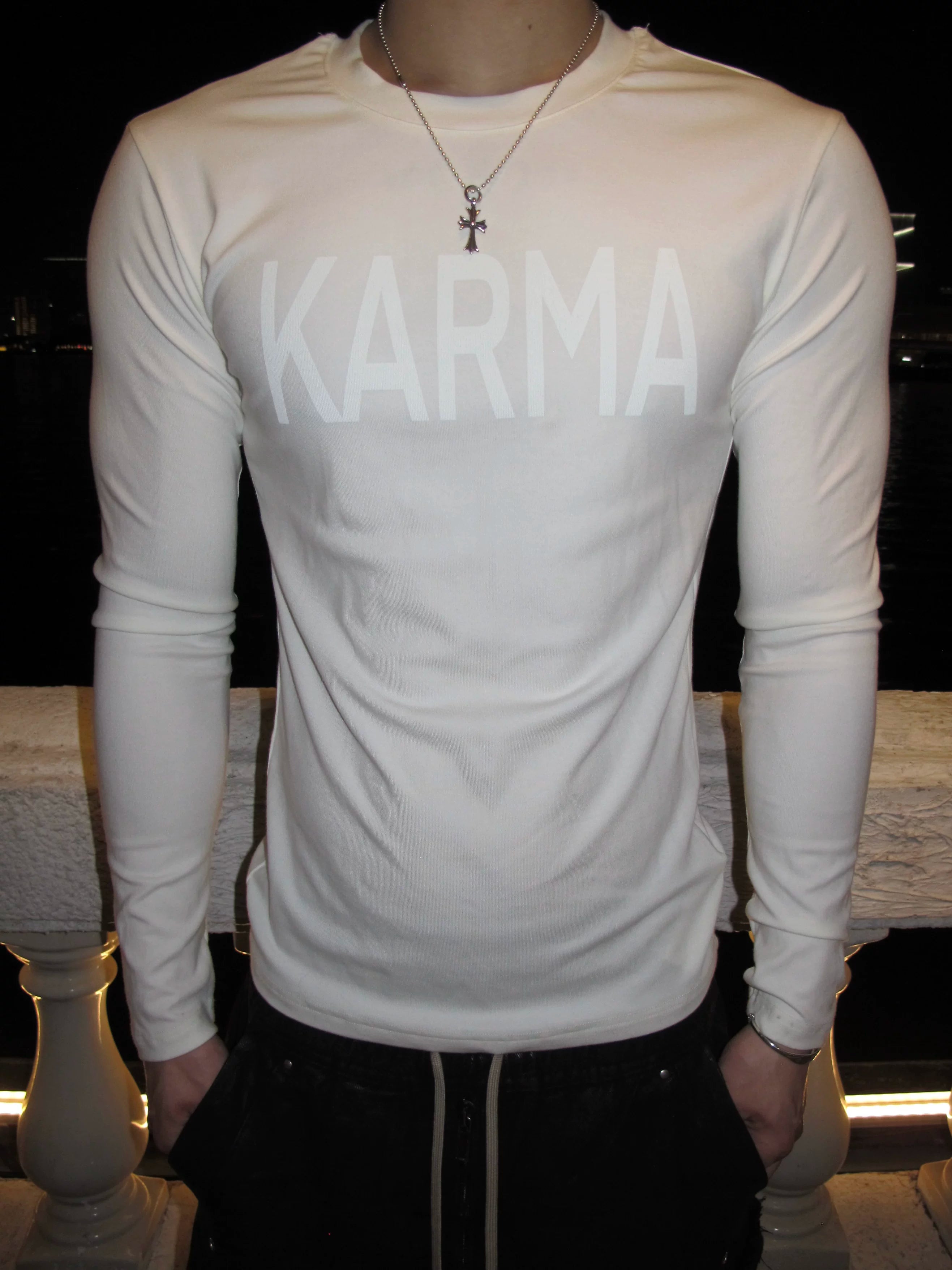 KARMANISTIC Vintage Crew Neck Letter Print Slim Sleeve