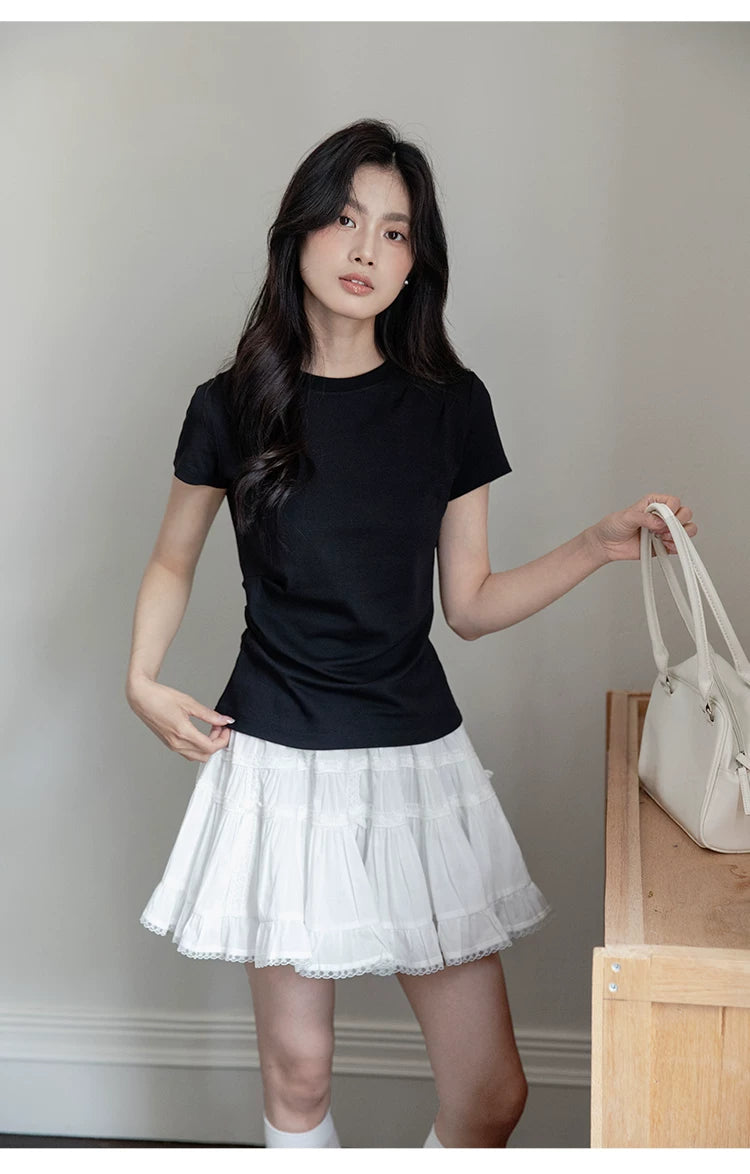 XUJING Crew Neck Shoulder Versatile Skinny Tee