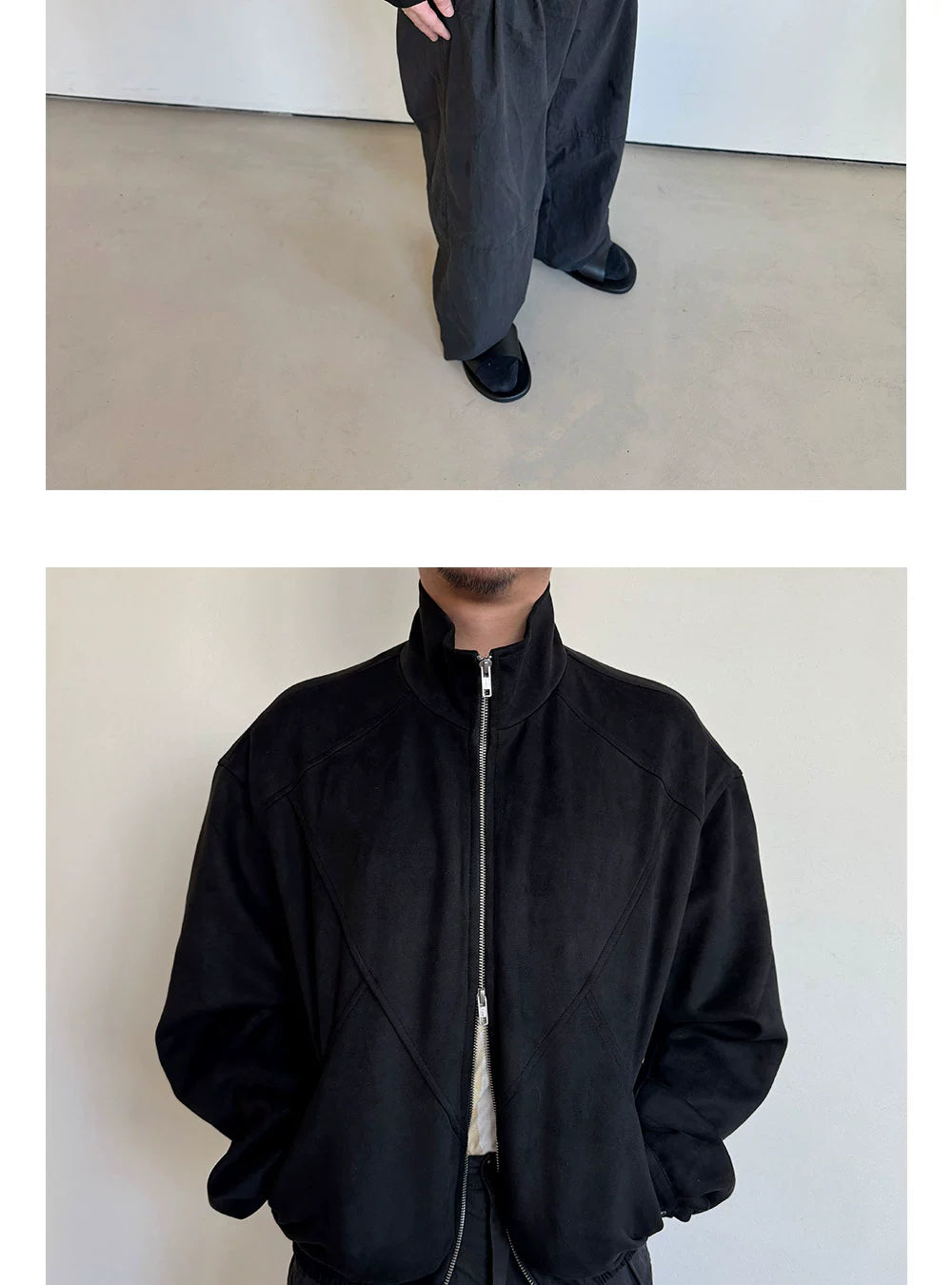 Anniehall Deconstructed Splicing Double Zip Stand-Up Jacket