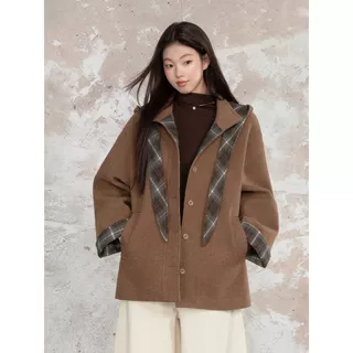 LOVEHEYNEW Vintage Plaid Hooded Removable Woolen Jacket