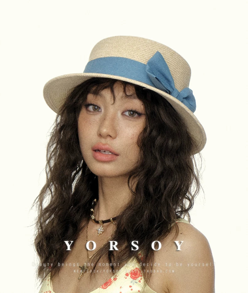 YORSOY Small-brimmed Straw-woven Flat-top Sun Hat