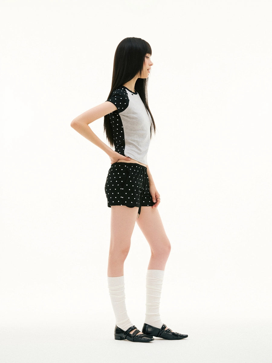 FUNKYFUN Polka Dot Contrasting Irregular Splicing Tee