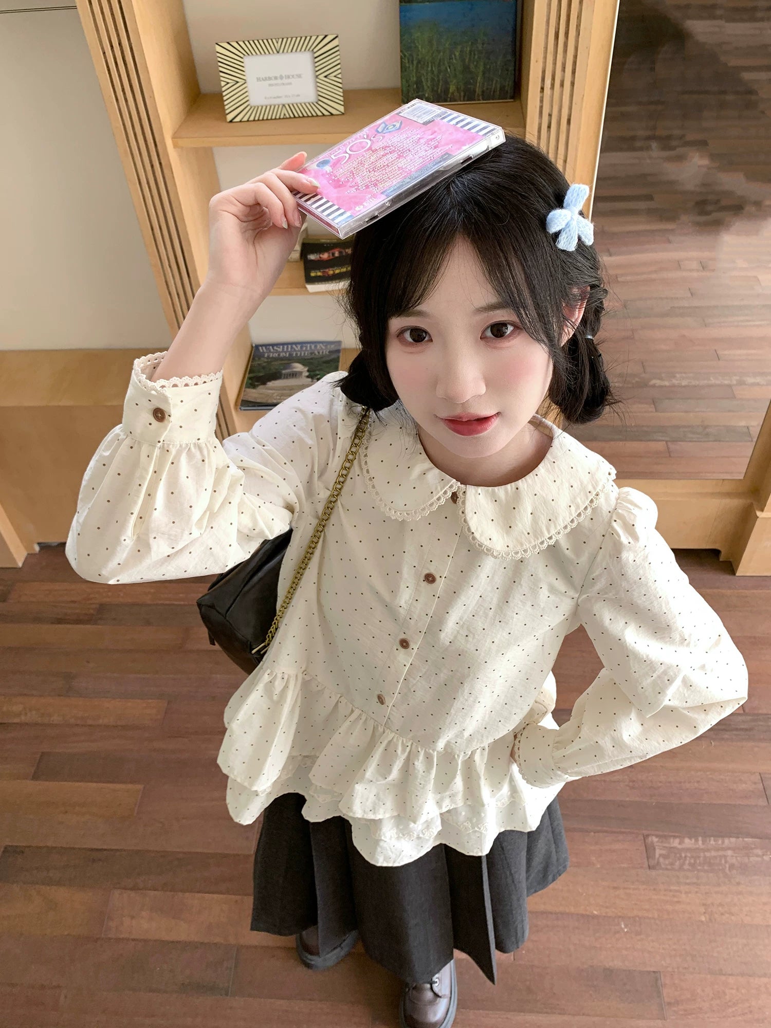 MUCHA Vintage Lace Polka Dot Long Sleeve Shirt