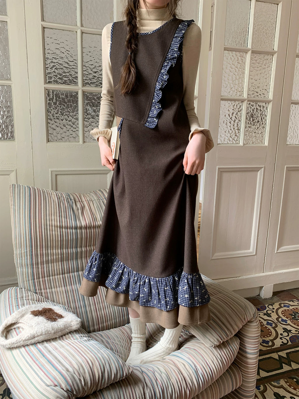 Kano Floral Checked Lace Pouch Vest Skirt