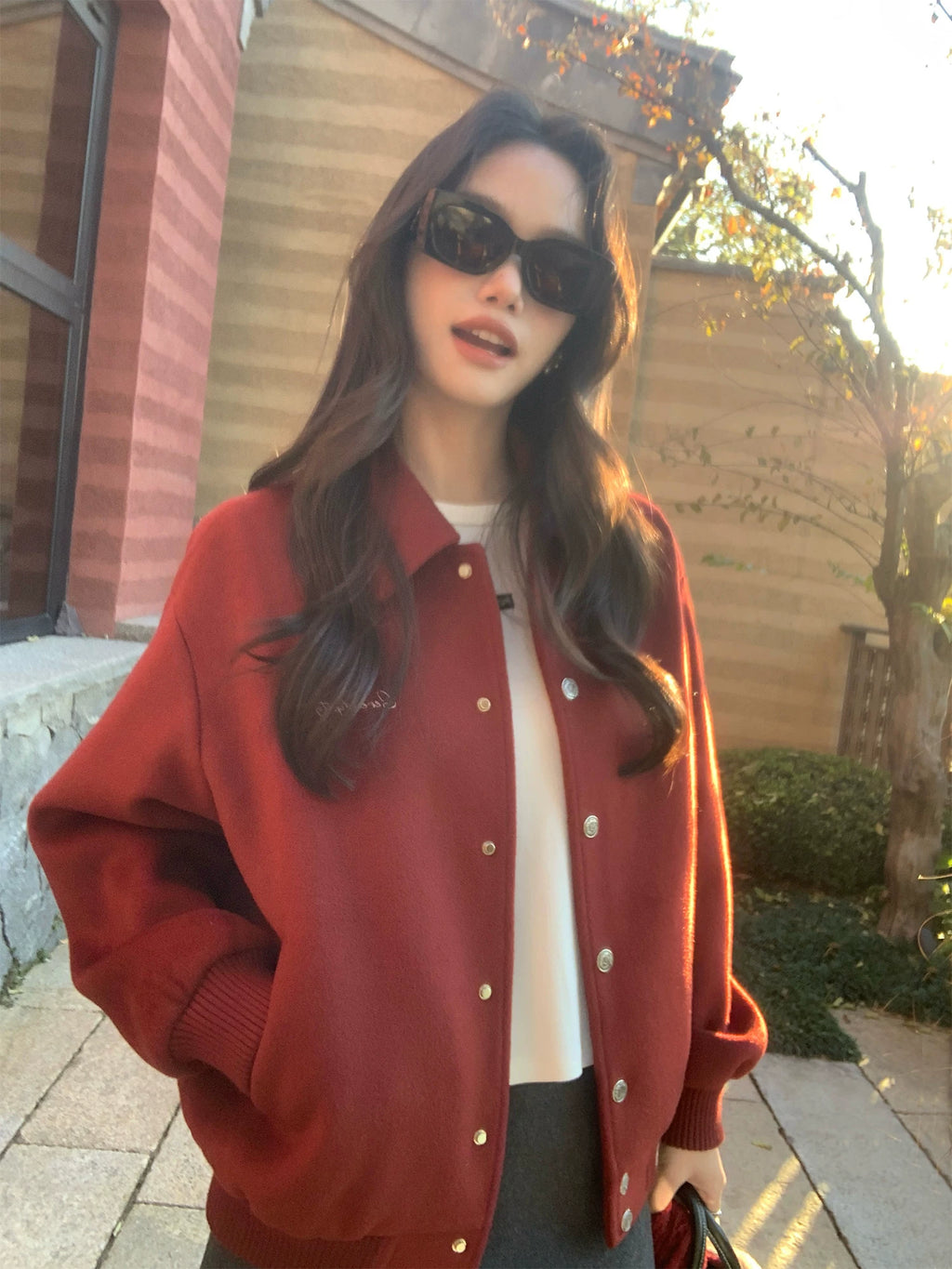 Pusumede Retro Red Lapel Loose Woolen Coat
