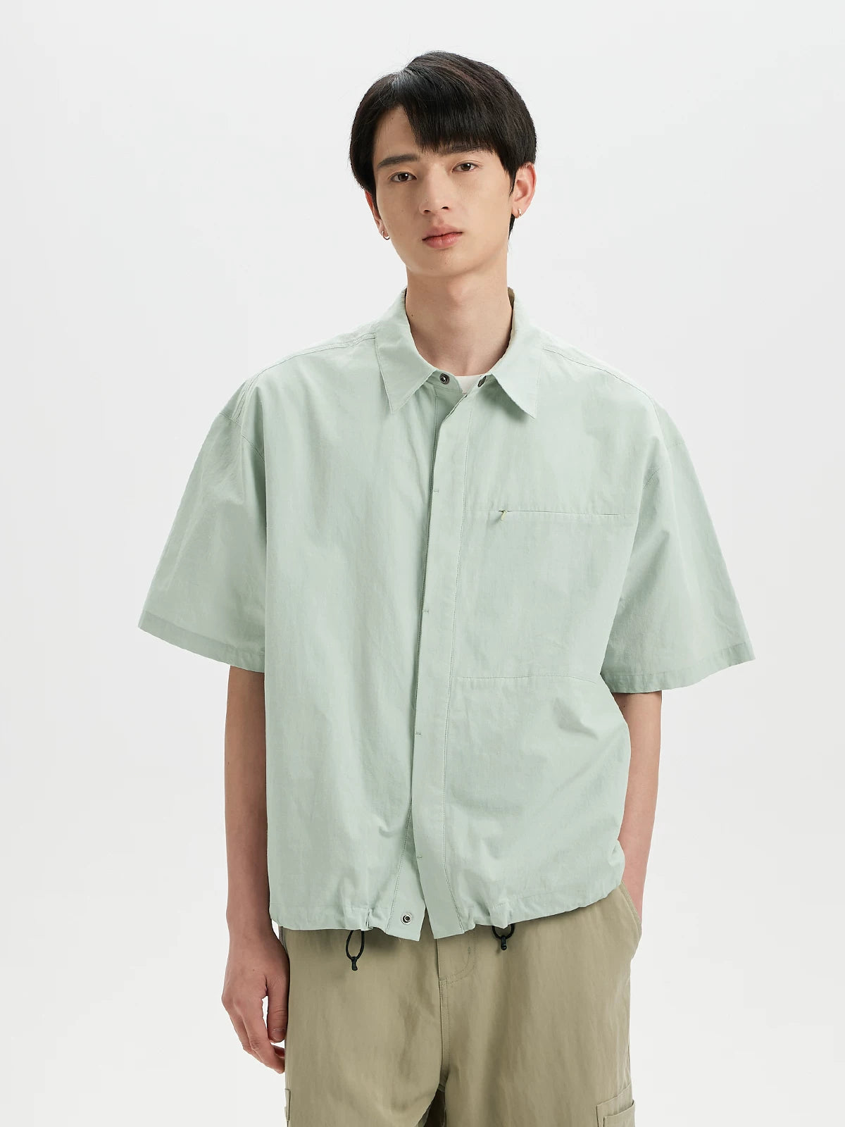 BUTTBILL Hem Elastic Cotton and Linen Short-sleeved Shirt