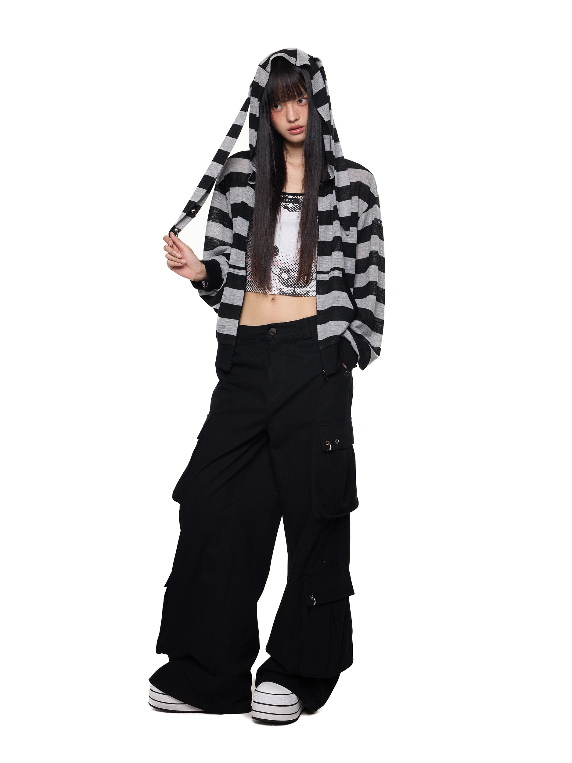 EZEK Rabbit Ear Striped Hooded Light Long-sleeved Cardigan