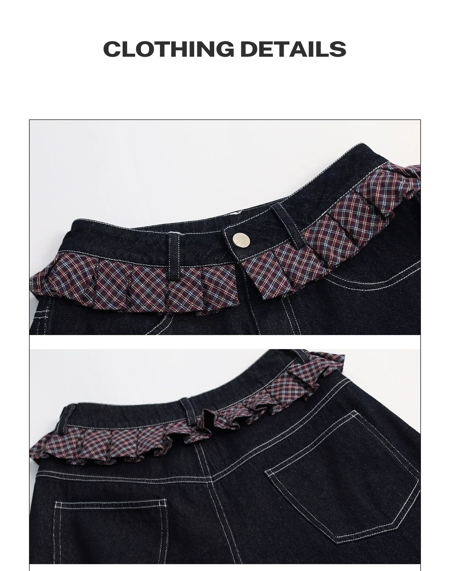 Girlyhalo Vintage Checked Lace Splicing Denim Scimitar Pants