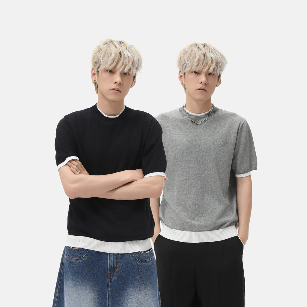 MTLCLOTHES Korean Version of Round Neck Knitted Fake Two-piece Color Matching Tee