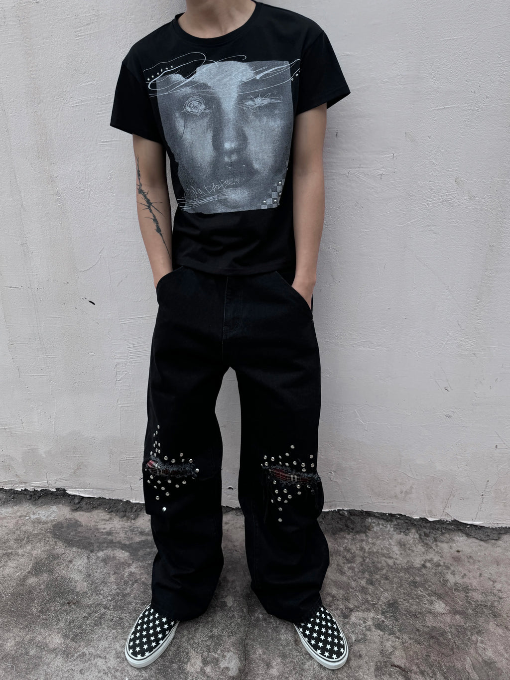 No E Mosen Plaid Stud Baggy Jeans