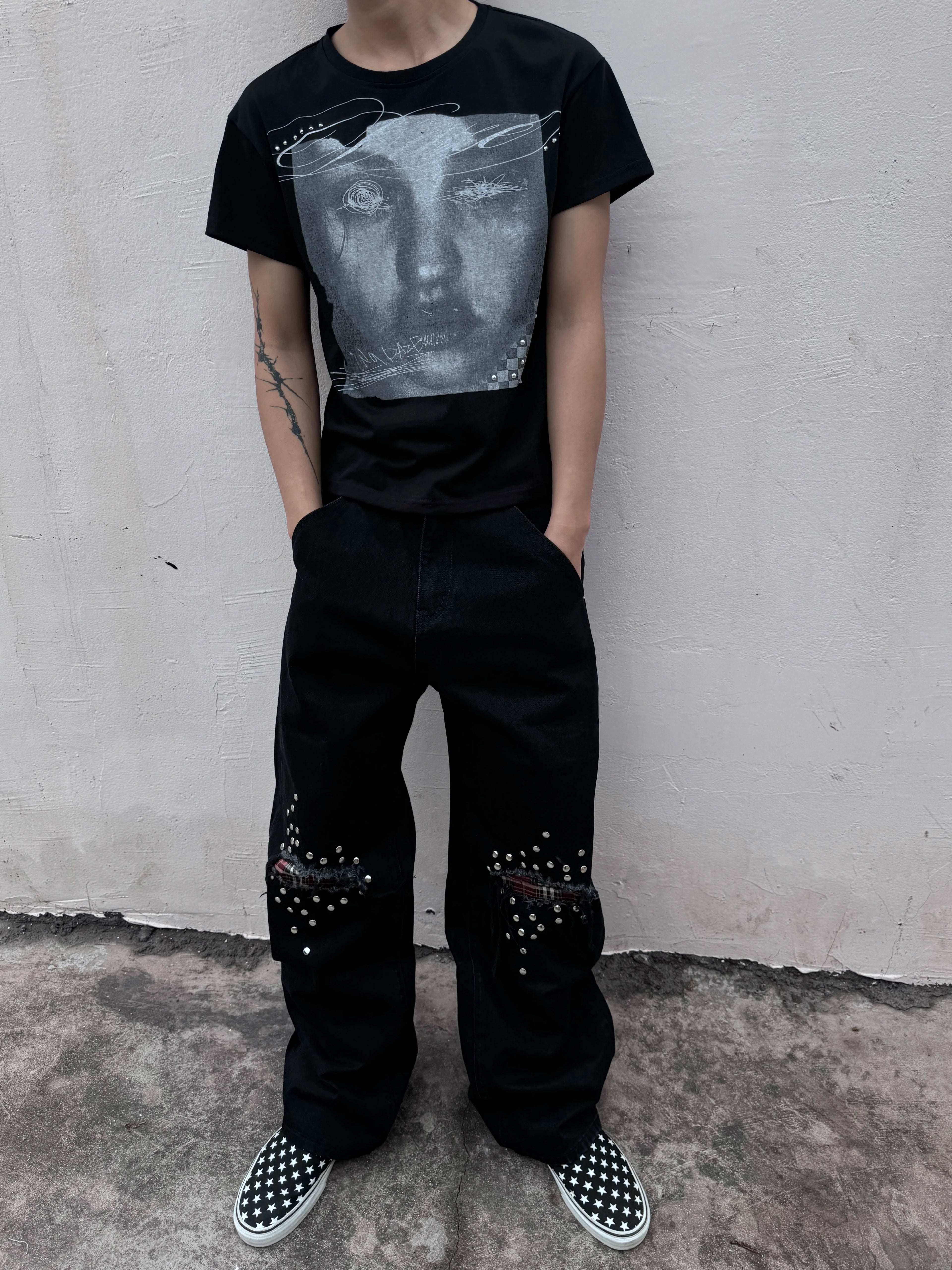 No E Mosen Plaid Stud Baggy Jeans