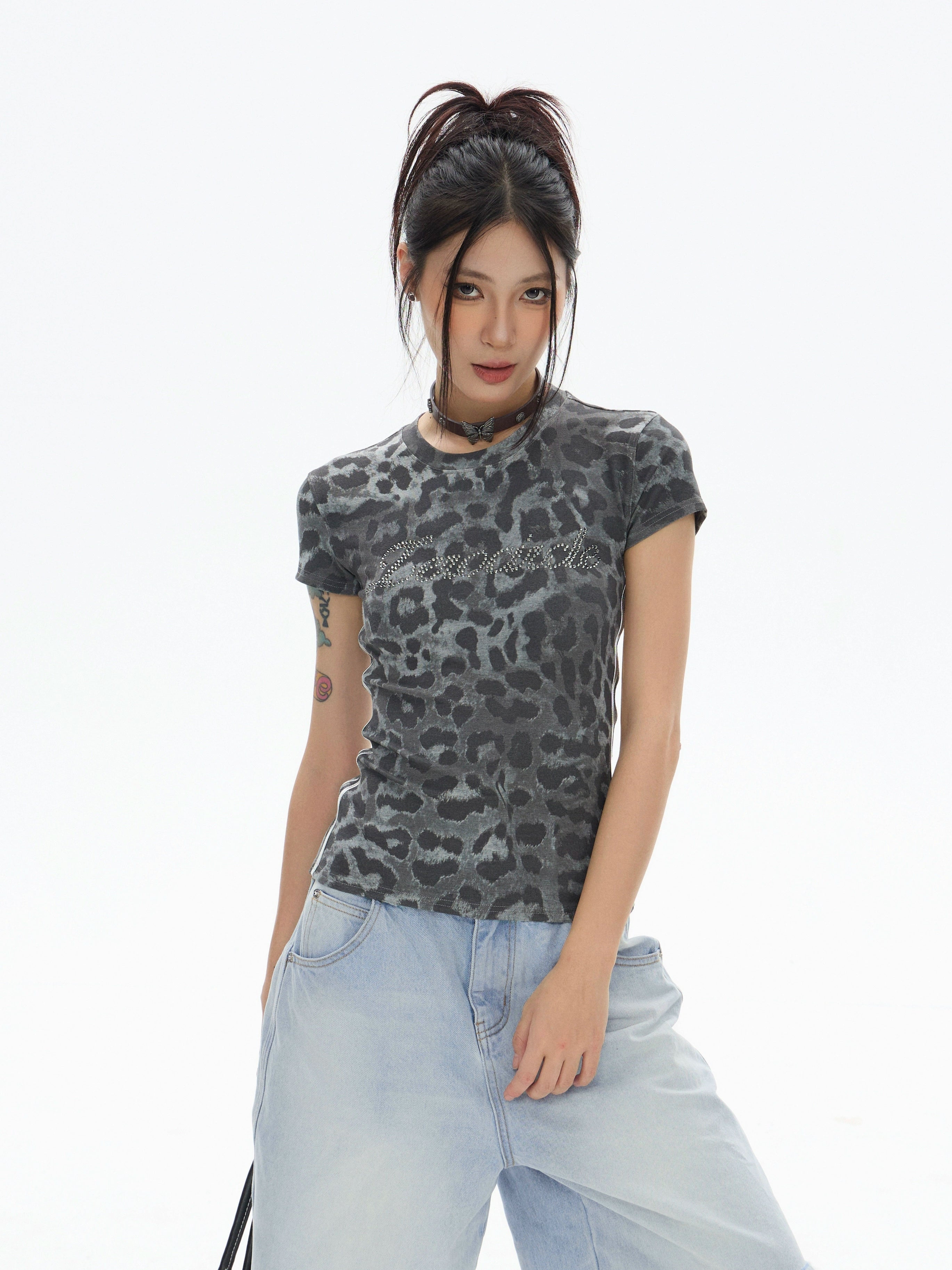 Zero Leopard Print Front Shoulder Short Hot Girl Tee