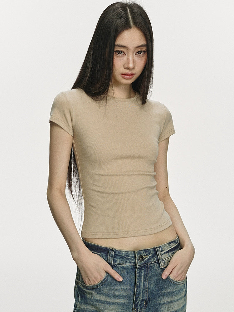 Anna Aneae Straight Shoulder Simple and Versatile Crew Neck Slim Fit Tee